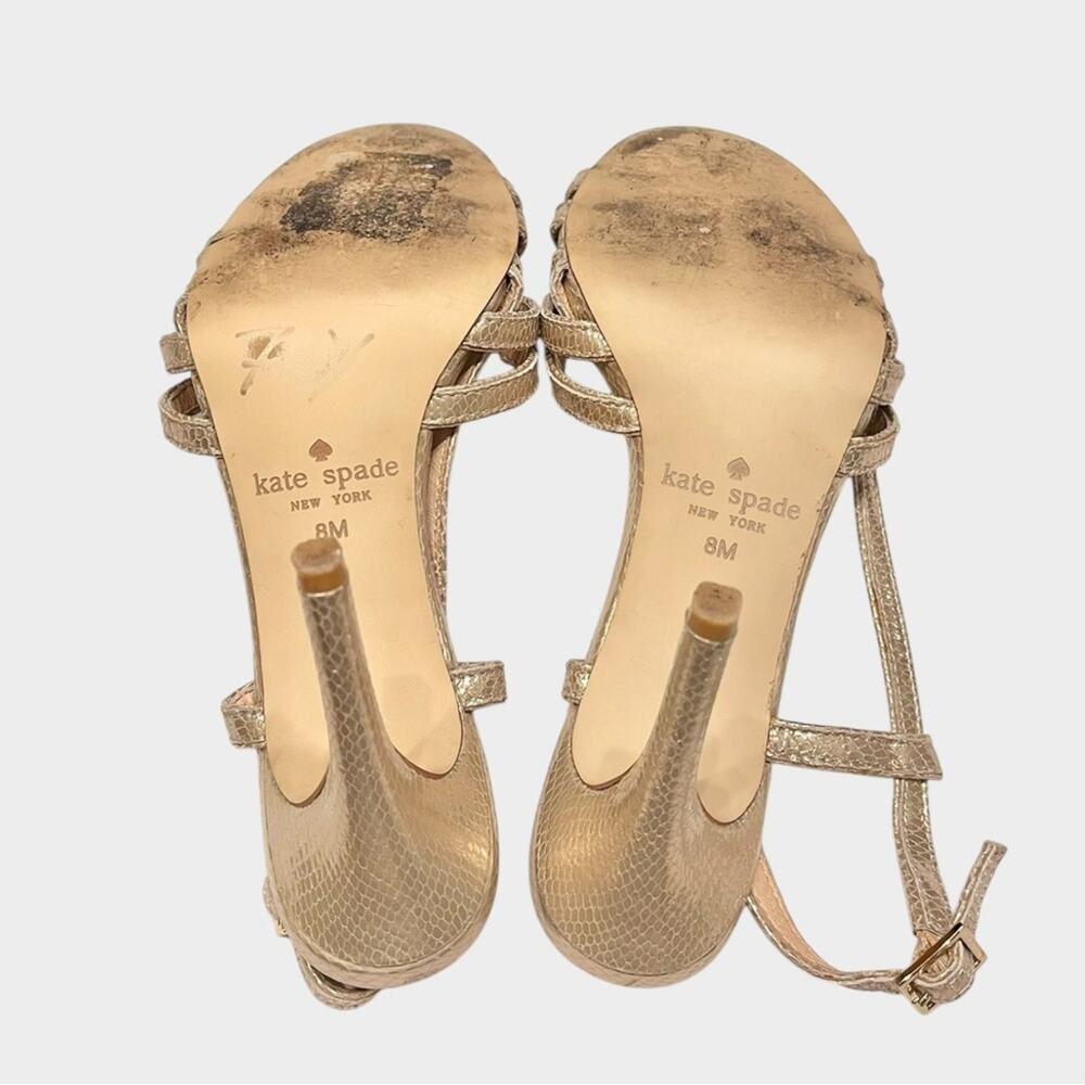 KATE SPADE Platino Gold Snake Embossed Strappy Heels Size 8 Glam - Picture 8 of 9